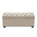 Cabinet and Storage Chests Velvet Upholstered Button Tufted Trunk with Lift Top Storage and Nail head Accent Trim, Beige Benzara