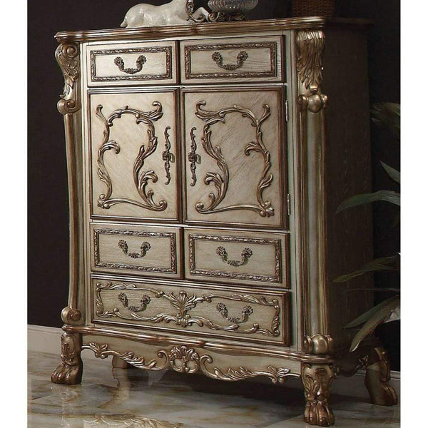 Wooden Chest with Five Drawers & One Cabinet, Gold & Bone White