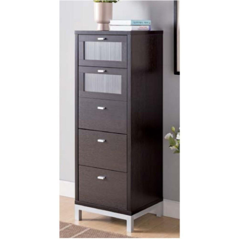 Wooden Five Drawers Utility Cabinet with Metal Base, Brown and Silver