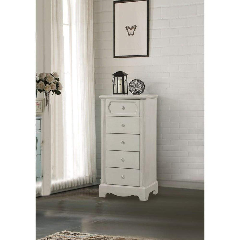 Cabinet & Storage Chests Traditional Style Wood and Metal Chest with 5 Drawers, White Benzara