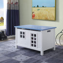 Wooden Youth Chest with Lift Top Storage and Cutout Design, Blue and White