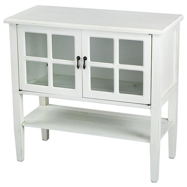 Cabinets Accent Cabinet 32" X 14" X 30" Antique White MDF, Wood, Clear Glass Console Cabinet with Doors and a Shelf 1822 HomeRoots