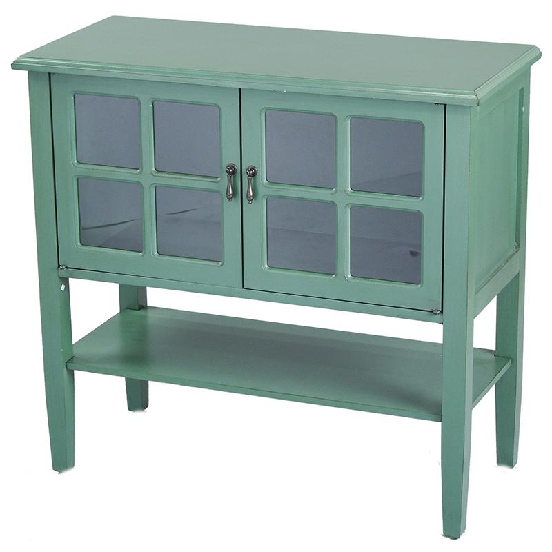 Cabinets Accent Cabinet - 32" X 14" X 30" Dark Celadon MDF, Wood, Clear Glass Console Cabinet with Doors and a Shelf HomeRoots