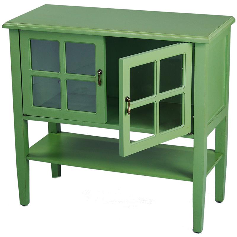 Cabinets Accent Cabinet - 32" X 14" X 30" Green MDF, Wood, Clear Glass Console Cabinet with a Shelf Doors and Paned Inserts HomeRoots