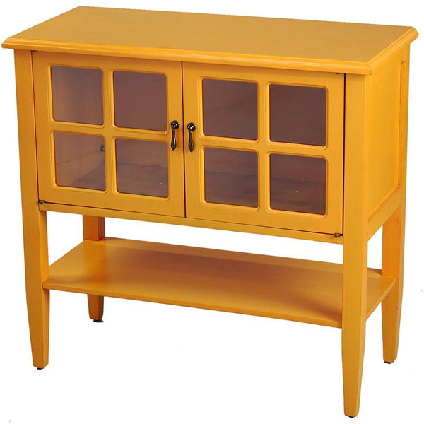 Cabinets Accent Cabinet - 32" X 14" X 30" Orange MDF, Wood, Clear Glass Console Cabinet with a Shelf Doors and Paned Inserts HomeRoots