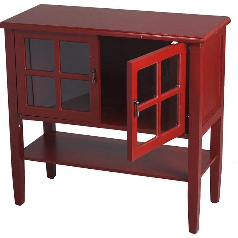 Cabinets Accent Cabinet - 32" X 14" X 30" Red MDF, Wood, Clear Glass Console Cabinet with a Shelf Doors and Paned Inserts HomeRoots