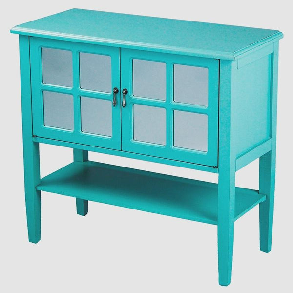 Cabinets Accent Cabinet - 32" X 14" X 30" Turquoise MDF, Wood, Mirrored Glass Console Cabinet with a Shelf Doors and Paned Inserts HomeRoots