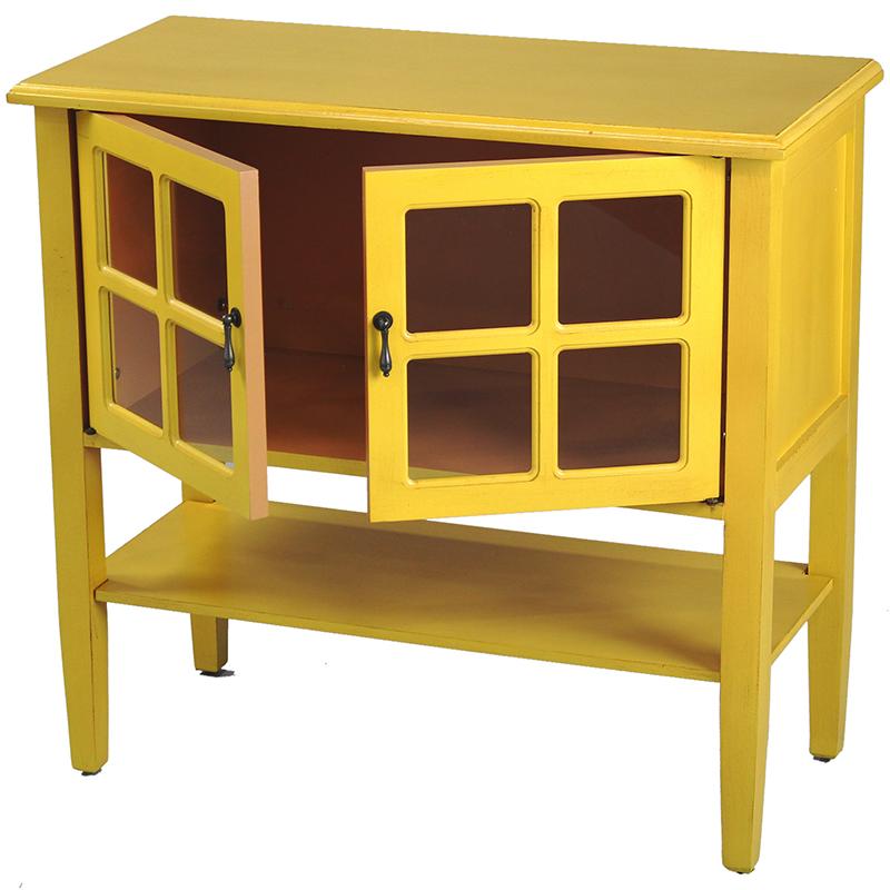 Cabinets Accent Cabinet - 32" X 14" X 30" Yellow MDF, Wood, Clear Glass Console Cabinet with a Shelf Doors and Paned Inserts HomeRoots