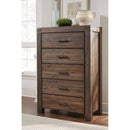 Wooden Five Drawer Chest with Metal Pull and Tenon Corner Joints, Brick Brown