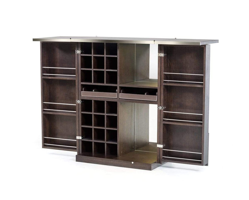 Cabinets Bar Cabinet - 47" Brown Oak Veneer and Leatherette Wine Cabinet HomeRoots
