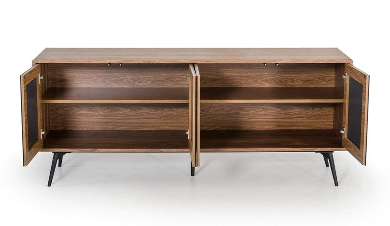 Cabinets Buffet Cabinet - 30" Walnut Veneer, Glass, and Metal Buffet HomeRoots
