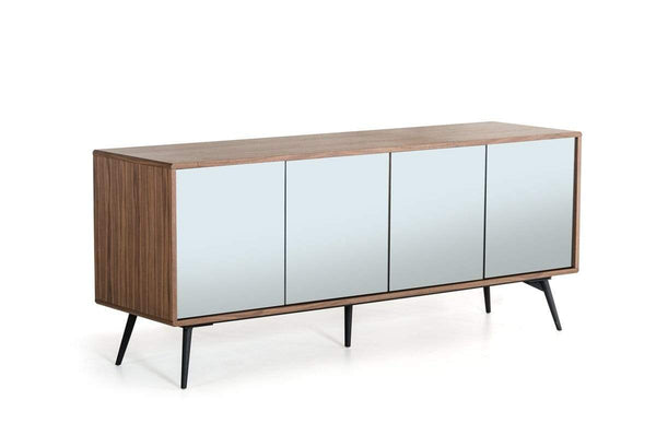 Cabinets Buffet Cabinet - 30" Walnut Veneer, Glass, and Metal Buffet HomeRoots