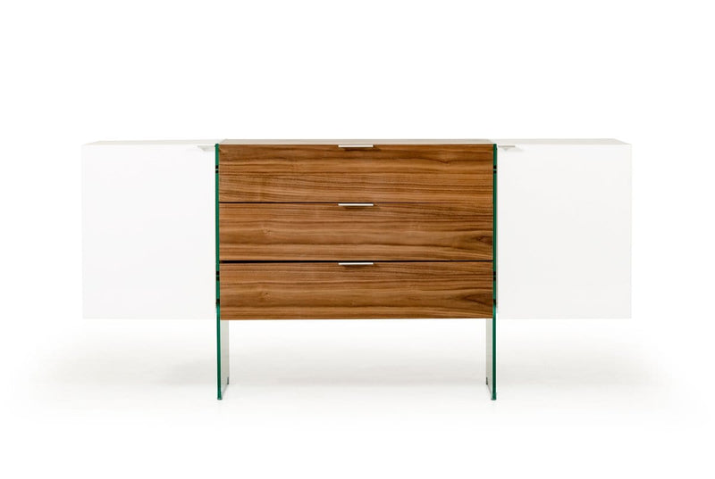Cabinets Buffet Cabinet - 30" White and Walnut Veneer, MDF, Glass, and Steel Floating Buffet HomeRoots