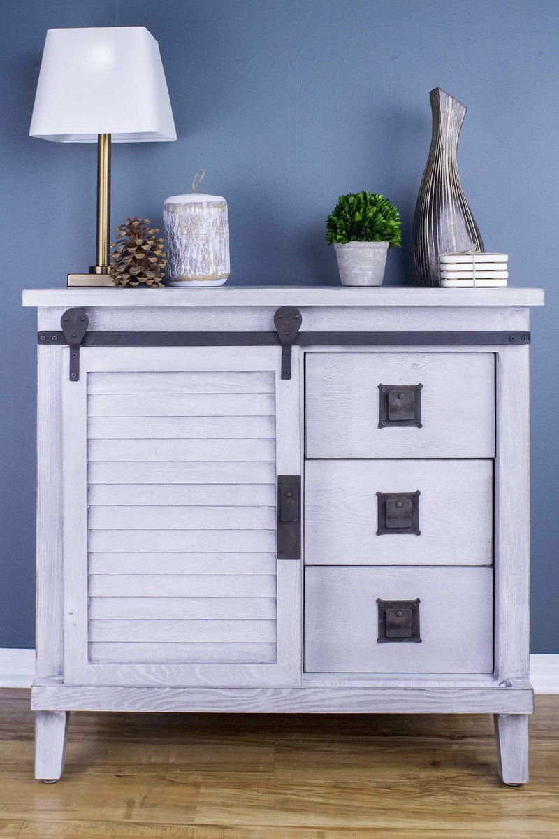 Cabinets Buffet Cabinet - 34" X 18" X 34" Distressed Light Grey Iron, Wood, MDF Accent Cabinet with Door and Drawers HomeRoots