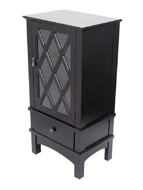 Cabinets Cabinets To Go - 18" X 13" X 36" Black MDF, Wood, Clear Glass Accent Cabinet with a Door and Drawer & Lattice Inserts HomeRoots