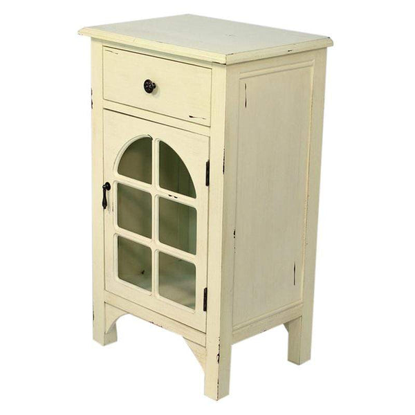 Cabinets Corner Cabinet - 18" X 13" X 30" Antique White MDF, Wood, Clear Glass Accent Cabinet with a Drawer and Front Arch Door HomeRoots