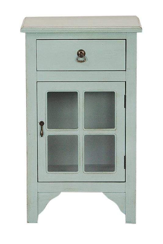 Cabinets Corner Cabinet - 18" X 13" X 30" Aqua MDF, Wood, Clear Glass Accent Cabinet with a Drawer and Door and Paned Inserts HomeRoots