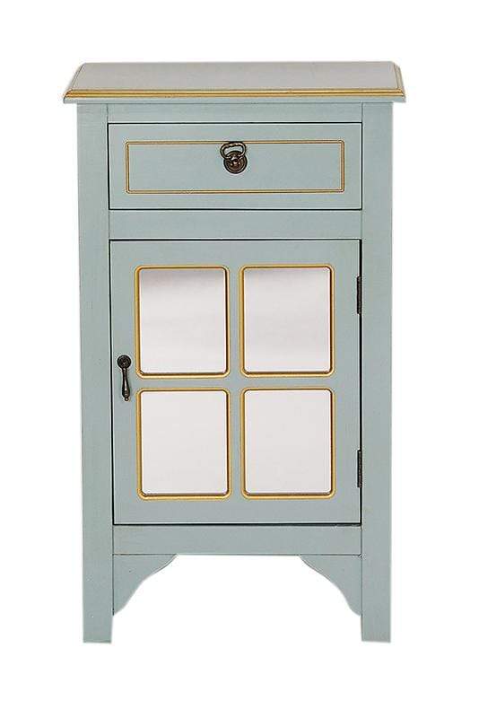Cabinets Corner Cabinet - 18" X 13" X 30" Light Blue W/ Gold MDF, Wood, Mirrored Glass Accent Cabinet with a Drawer and a Gold Door HomeRoots