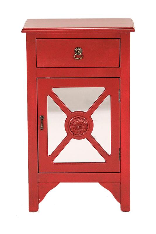 Cabinets Corner Cabinet - 18" X 13" X 30" Red MDF, Wood, Mirrored Glass Accent Cabinet with a Drawer and Door and Trellis Inserts HomeRoots