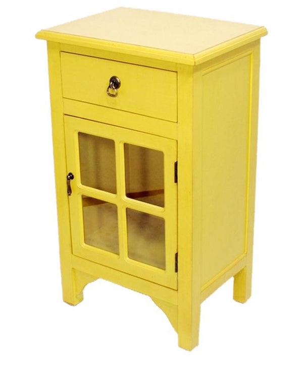 Cabinets Corner Cabinet - 18" X 13" X 30" Yellow MDF, Wood, Clear Glass Accent Cabinet with a Drawer and Door and Paned Inserts HomeRoots