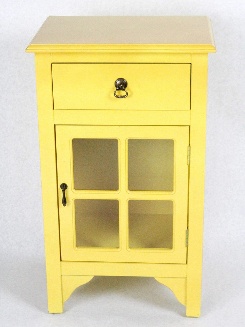Cabinets Corner Cabinet - 18" X 13" X 30" Yellow MDF, Wood, Clear Glass Accent Cabinet with a Drawer and Door and Paned Inserts HomeRoots