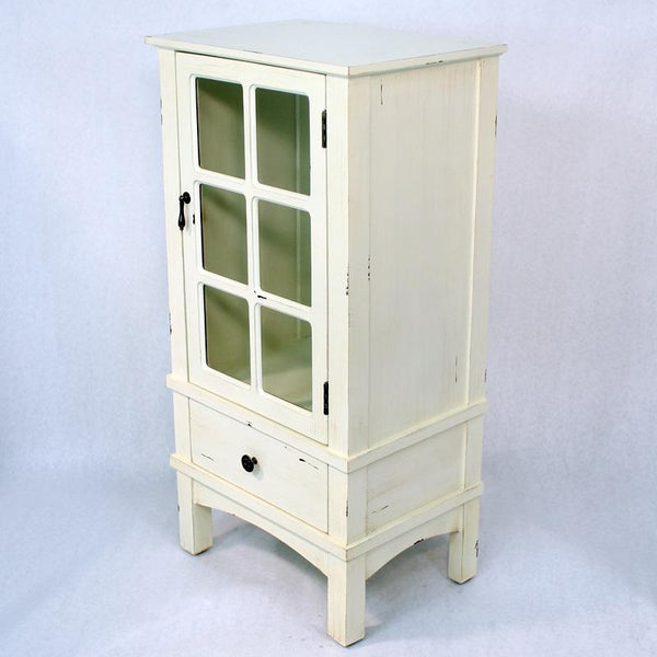 Cabinets Corner Cabinet 18" X 13" X 36" Antique White MDF, Wood, Clear Glass Accent Cabinet with a Door and a Drawer 1863 HomeRoots