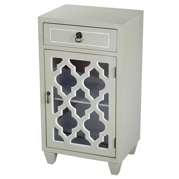 Cabinets Corner Kitchen Cabinet - 16'.75" X 12'.75" X 30'.75" Beige MDF, Wood, Clear Glass Accent Cabinet with a Drawer and Door & Arabesque Inserts HomeRoots