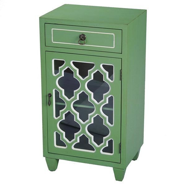 Cabinets Corner Kitchen Cabinet - 16'.75" X 12'.75" X 30'.75" Green MDF, Wood, Clear Glass Accent Cabinet with a Drawer and Door & Arabesque Inserts HomeRoots