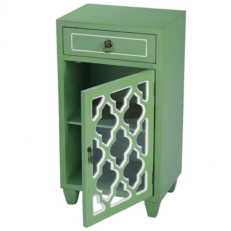 Cabinets Corner Kitchen Cabinet - 16'.75" X 12'.75" X 30'.75" Green MDF, Wood, Clear Glass Accent Cabinet with a Drawer and Door & Arabesque Inserts HomeRoots