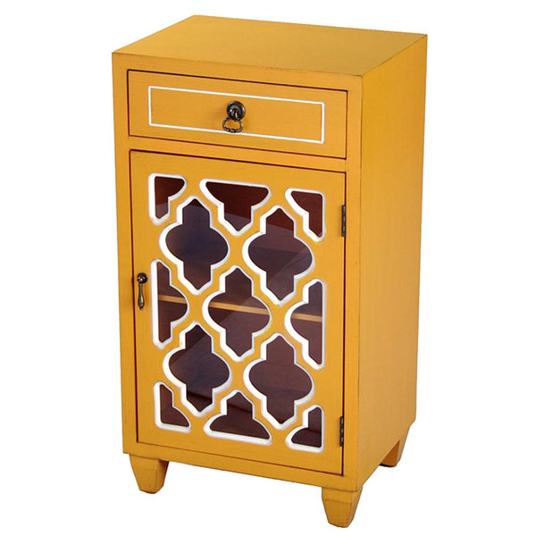 Cabinets Corner Kitchen Cabinet - 16'.75" X 12'.75" X 30'.75" Orange MDF, Wood, Clear Glass Accent Cabinet with a Drawer and Door & Arabesque Inserts HomeRoots