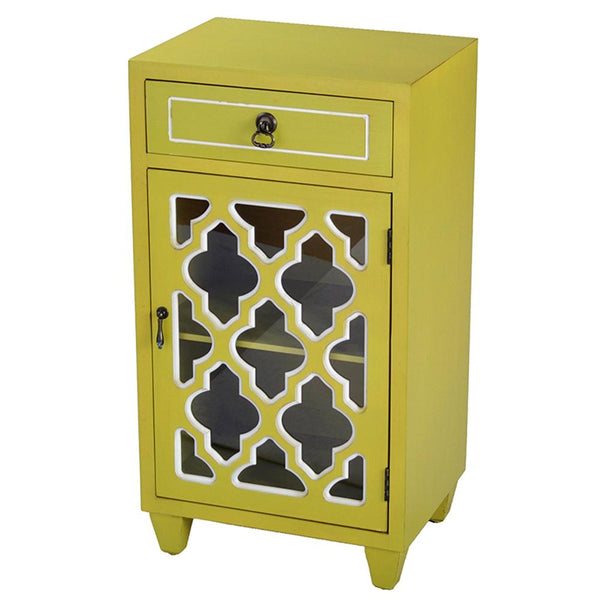 Cabinets Corner Kitchen Cabinet - 16'.75" X 12'.75" X 30'.75" Yellow MDF, Wood, Clear Glass Accent Cabinet with a Drawer and Door & Arabesque Inserts HomeRoots