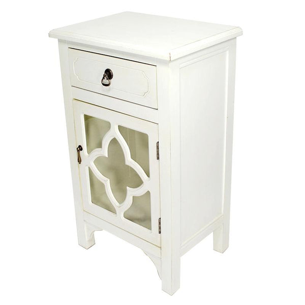 Cabinets Corner Kitchen Cabinet - 18" X 13" X 30" Antique White MDF, Wood, Clear Glass Cabinet with a Drawer and a Door HomeRoots