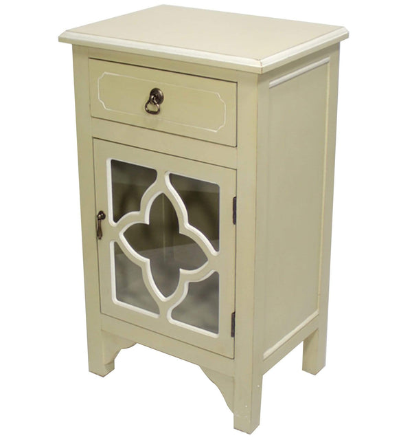 Cabinets Corner Kitchen Cabinet - 18" X 13" X 30" Beige MDF, Wood, Clear Glass Accent Cabinet with a Drawer and Door & Quatrefoil Inserts HomeRoots