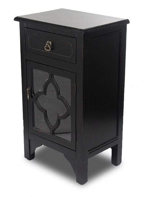 Cabinets Corner Kitchen Cabinet - 18" X 13" X 30" Black MDF, Wood, Clear Glass Accent Cabinet with a Drawer and Door & Quatrefoil Inserts HomeRoots