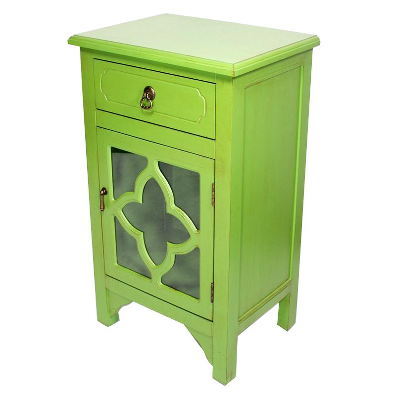 Cabinets Corner Kitchen Cabinet - 18" X 13" X 30" Green MDF, Wood, Clear Glass Accent Cabinet with a Drawer and Door & Quatrefoil Inserts HomeRoots