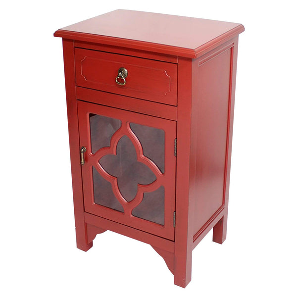 Cabinets Corner Kitchen Cabinet - 18" X 13" X 30" Red MDF, Wood, Clear Glass Accent Cabinet with a Drawer and Door & Quatrefoil Inserts HomeRoots