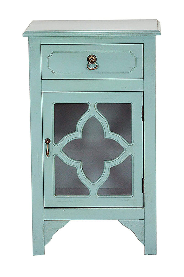 Cabinets Corner Kitchen Cabinet - 18" X 13" X 30" Turquoise MDF, Wood, Clear Glass Accent Cabinet with a Drawer and Door & Mirror Inserts HomeRoots