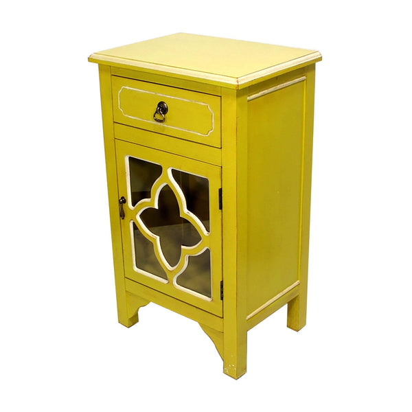 Cabinets Corner Kitchen Cabinet - 18" X 13" X 30" Yellow MDF, Wood, Clear Glass Accent Cabinet with a Drawer and Door & Mirror Inserts HomeRoots