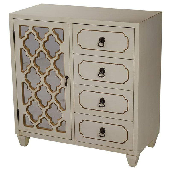 Cabinets Corner Kitchen Cabinet - 29'.5" X 14" X 30'.75" Antique White W/ Gold MDF, Wood, Mirrored Glass Cabinet with a Gold Door and Drawers HomeRoots