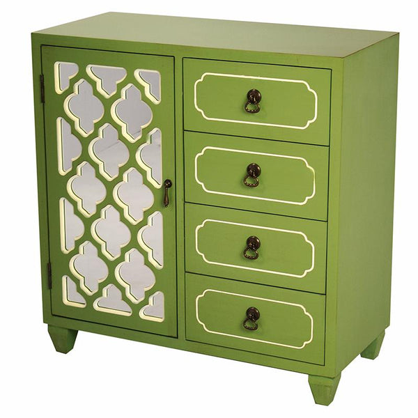 Cabinets Corner Kitchen Cabinet - 29'.5" X 14" X 30'.75" Green MDF, Wood, Mirrored Glass Cabinet with a Door Drawers and Arabesque Inserts HomeRoots