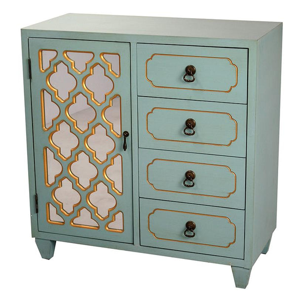 Cabinets Corner Kitchen Cabinet - 29'.5" X 14" X 30'.75" Light Blue W/ Gold MDF, Wood, Mirrored Glass Cabinet with a Gold Door and Drawers HomeRoots