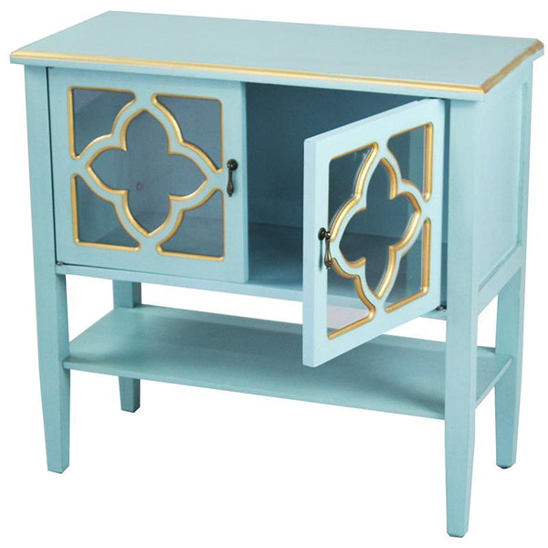 Cabinets Corner Kitchen Cabinet - 32" X 14" X 30" Light Blue W/ Gold MDF, Wood, Clear Glass Console Cabinet with Doors and a Shelf HomeRoots