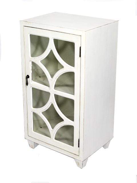 Cabinets Display Cabinet - 16'.75" X 12'.6" X 31" Antique White MDF, Wood, Clear Glass Accent Cabinet with a Door and Concave Diamond Inserts HomeRoots