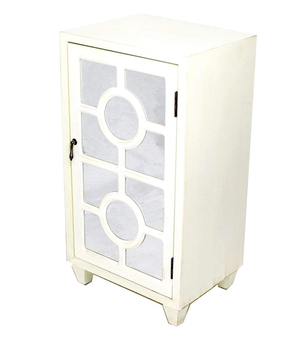 Cabinets Display Cabinet - 16'.75" X 12'.6" X 31" Antique White MDF, Wood, Mirrored Glass Accent Cabinet with a Door and Lattice Inserts HomeRoots