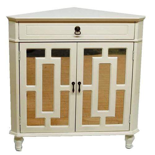 Cabinets Display Cabinet - 31" X 17" X 32" Antique White MDF, Wood, Mirrored Glass Corner Cabinet with a Drawer and Doors HomeRoots