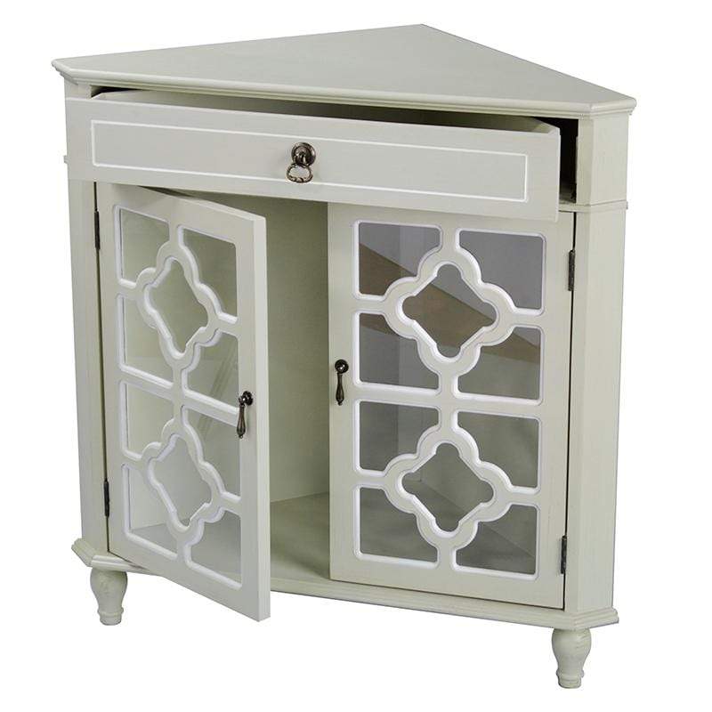 Cabinets Display Cabinet - 31" X 17" X 32" Beige MDF, Wood, Clear Glass Corner Cabinet with a Drawer and Doors HomeRoots
