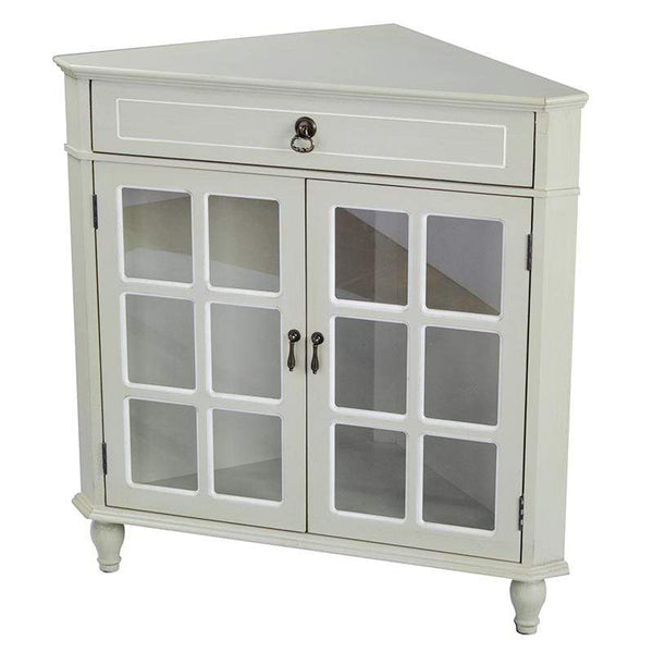 Cabinets Display Cabinet - 31" X 17" X 32" Beige MDF, Wood, Clear Glass Corner Cabinet with a Drawer Doors and Paned Inserts HomeRoots