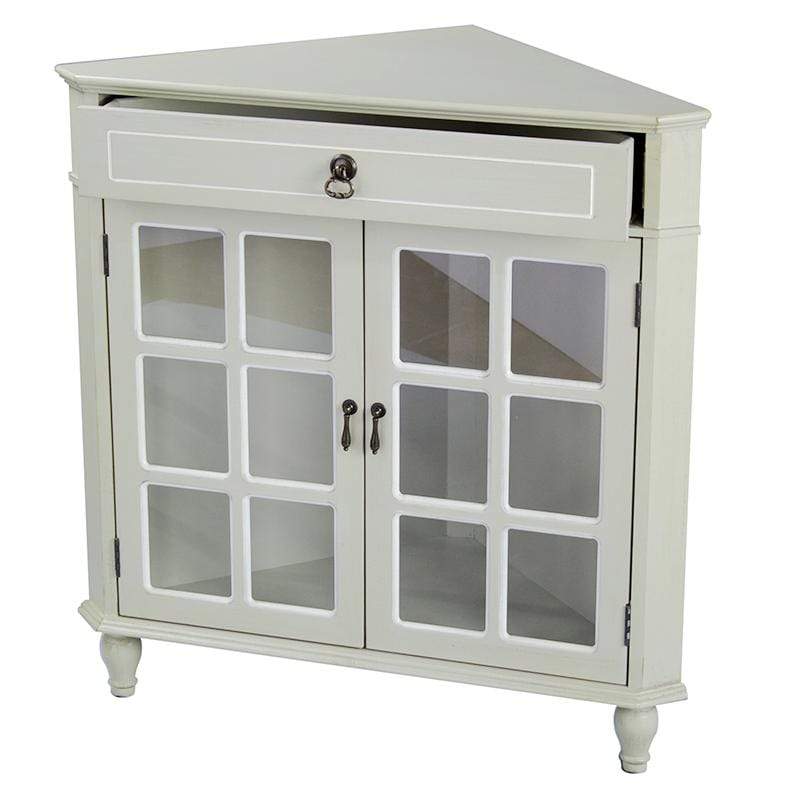 Cabinets Display Cabinet - 31" X 17" X 32" Beige MDF, Wood, Clear Glass Corner Cabinet with a Drawer Doors and Paned Inserts HomeRoots
