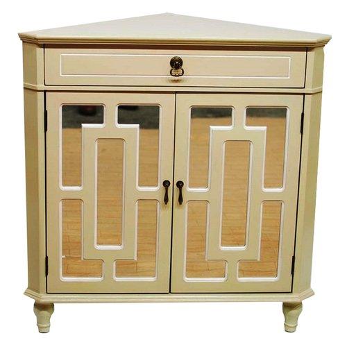 Cabinets Display Cabinet - 31" X 17" X 32" Beige MDF, Wood, Mirrored Glass Corner Cabinet with a Drawer and Doors HomeRoots