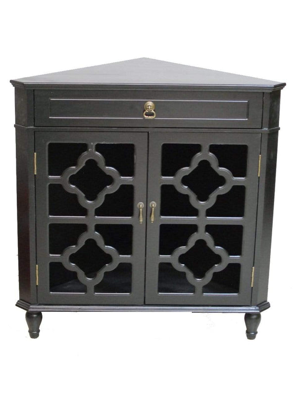 Cabinets Display Cabinet - 31" X 17" X 32" Black MDF, Wood, Clear Glass Corner Cabinet with a Drawer and Doors HomeRoots